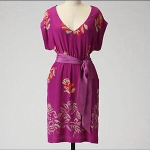 Anthropologie Moulinette Soeurs Vetements 100% Silk Magenta Floral Dress Size 12